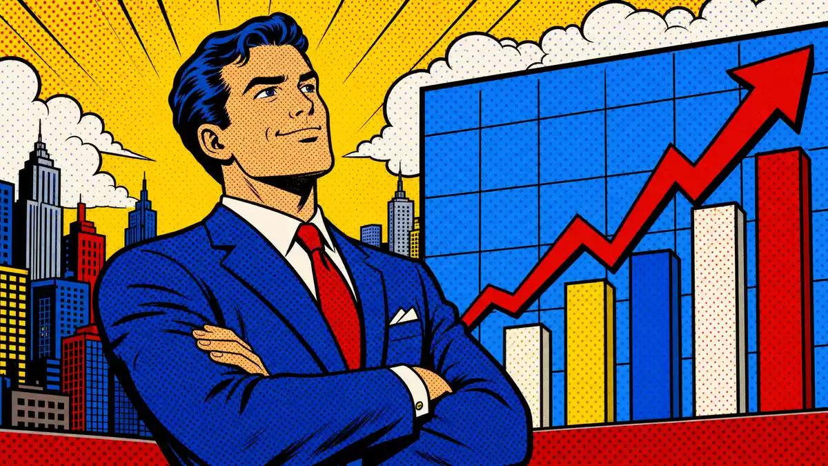 Pop-Art-Comicszene mit Investor und steigendem Chart, künstlerisch zu Kinnevik AB
