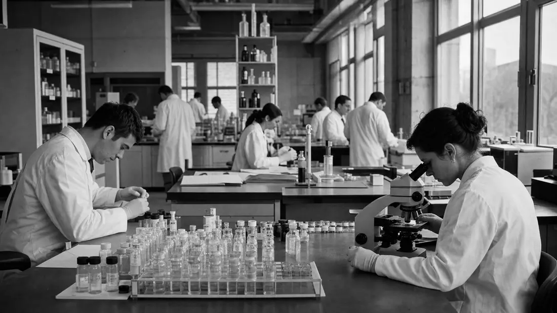 SW-Reportage: Forscher im Kittel arbeiten an Mikroskopen im Pharmalabor
