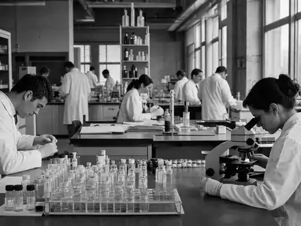GSK plc (ISIN GB0009252882) zeigt dokumentarisch Forscher im weißen Kittel bei Laborarbeit in Schwarzweiß - Foto: THN