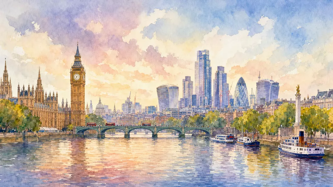 Aquarell der Londoner Skyline mit Themse, Brücke und Big Ben