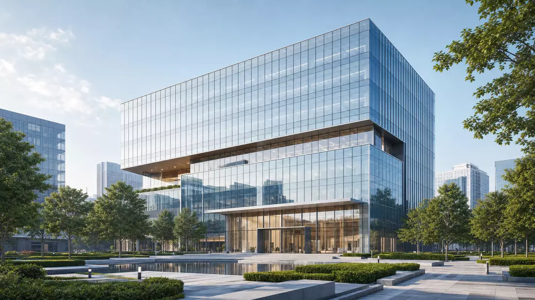3D-Architekturrender eines modernen Glas-Bürogebäudes mit Grünflächen davor