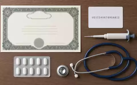 GSK plc (ISIN GB0009252882) inspiriert dieses Flatlay mit Aktienzertifikat, Codekarte, Pillen und medizinischen Utensilien - Foto: THN