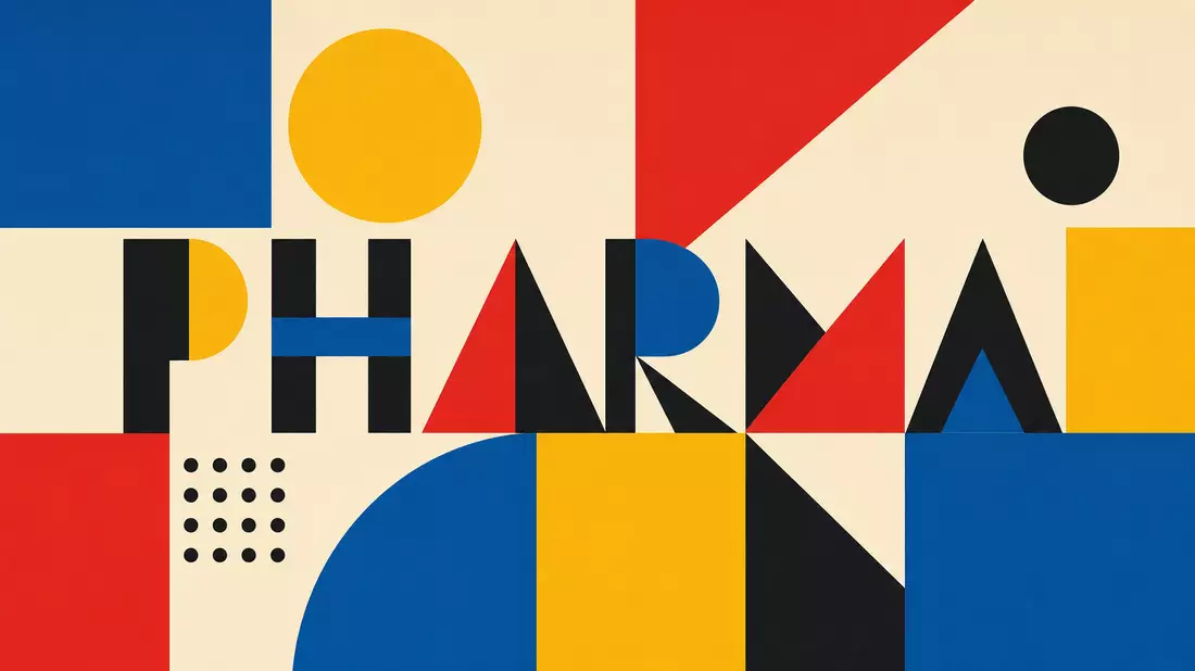 Bauhaus-Poster mit geometrischen Farbflächen und Schriftzug PHARMA