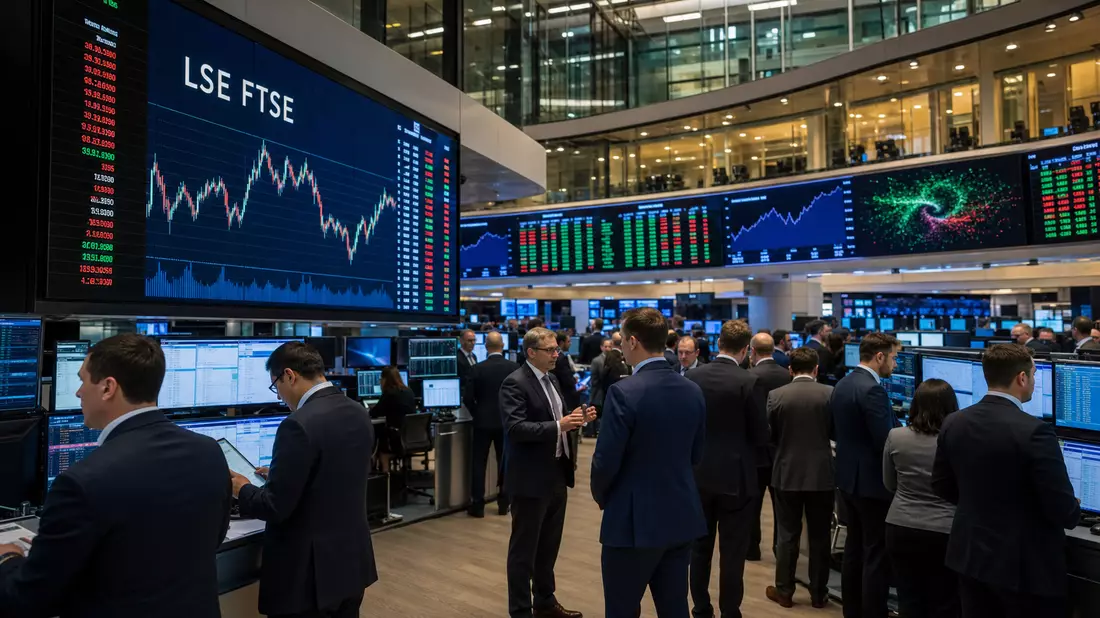 Börsenparkett mit Händlern vor Bildschirmen mit LSE-FTSE-Kursdaten