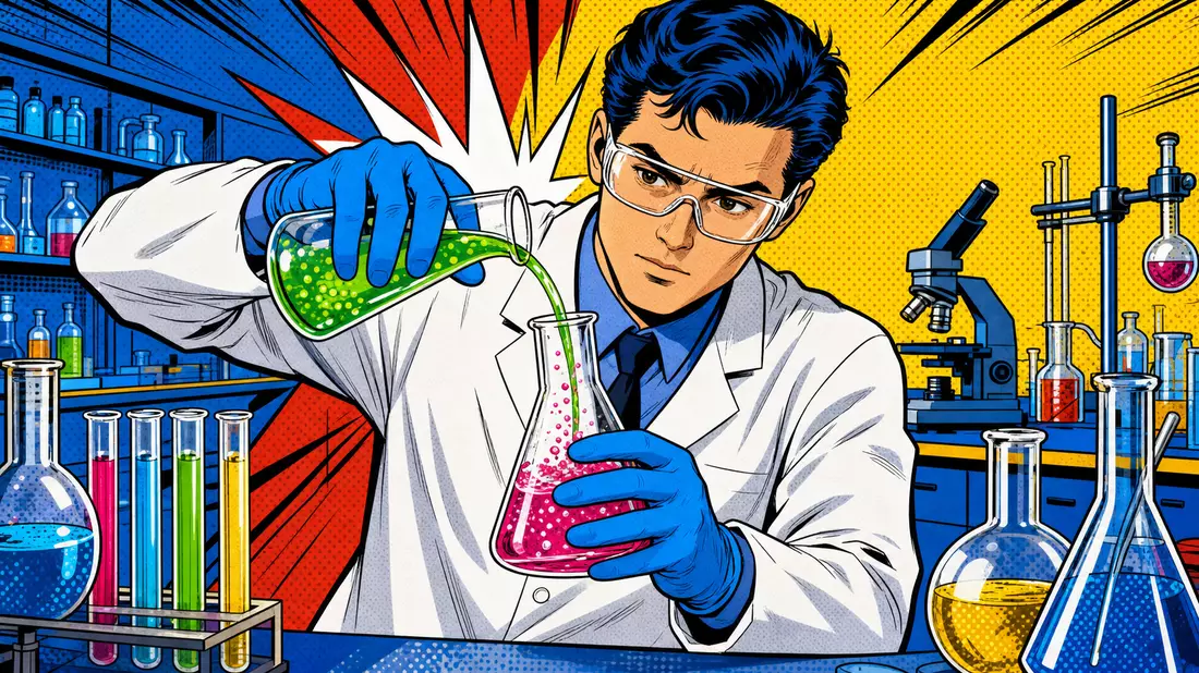 Pop-Art-Comic: Wissenschaftler mischt bunte Chemikalien im Labor