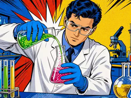 GSK plc (ISIN GB0009252882) erscheint als farbenfrohe Pop-Art-Comic-Szene mit Wissenschaftler und bunten Laborflüssigkeiten - Foto: THN