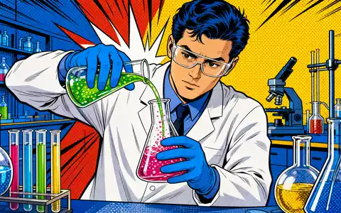 GSK plc (ISIN GB0009252882) erscheint als farbenfrohe Pop-Art-Comic-Szene mit Wissenschaftler und bunten Laborflüssigkeiten - Foto: THN