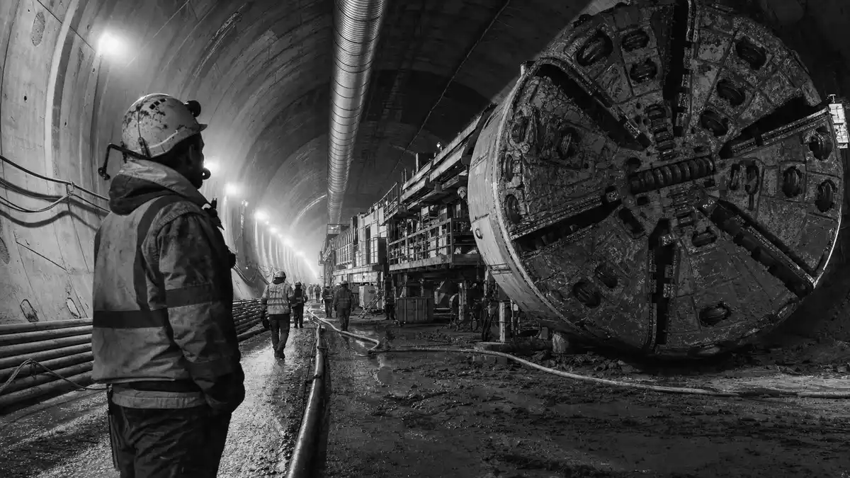 Dokumentarische Schwarzweißaufnahme von Arbeitern an einer Tunnelbohrmaschine