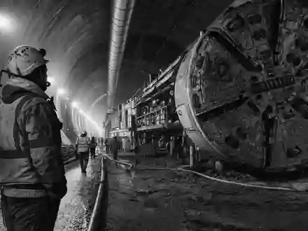 Schwarzweiß-Reportage aus Tunnelbaustelle zeigt Kerngeschäft von Sacyr S.A. (ISIN ES0182870214) im Tiefbau eindrucksvoll - Foto: THN