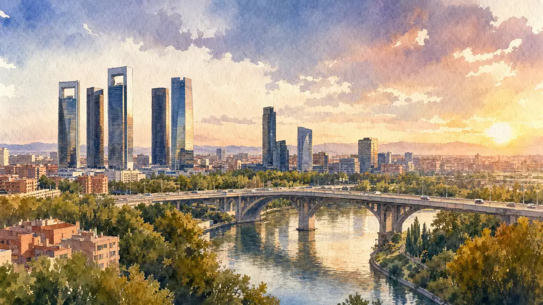 Aquarellbild der Skyline von Madrid mit Brücke über einen Fluss bei Sonnenuntergang