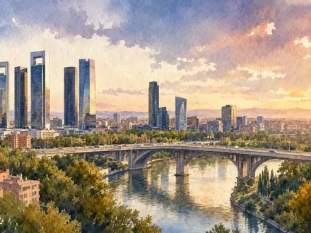 Aquarellmalerei der Madrider Skyline verweist auf Heimatmarkt von Sacyr S.A. (ISIN ES0182870214) im Aktienindex - Foto: THN
