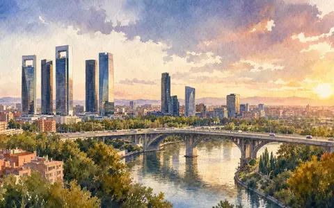 Aquarellmalerei der Madrider Skyline verweist auf Heimatmarkt von Sacyr S.A. (ISIN ES0182870214) im Aktienindex - Foto: THN