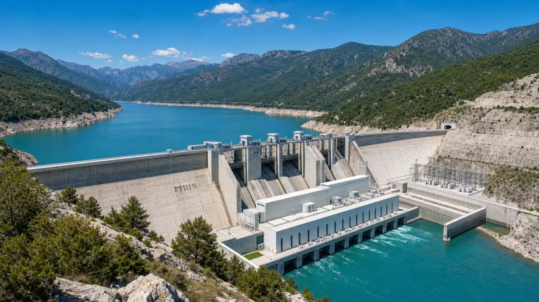 Architektonisches Render eines großen Staudamms mit türkisem Stausee in Berglandschaft