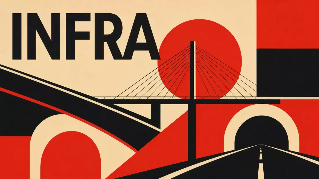 Geometrisches Bauhaus-Poster mit Brücke, Tunnel und dem Wort INFRA in Rot Schwarz