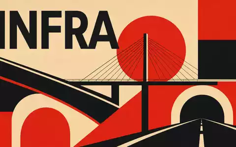 Bauhaus-Poster mit Schriftzug INFRA symbolisiert Infrastruktursektor von Sacyr S.A. (ISIN ES0182870214) geometrisch abstrakt - Foto: THN