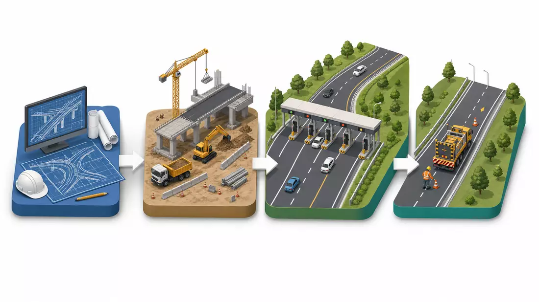 Isometrische 3D-Illustration der Wertschöpfungskette von Planung, Bau, Mautstation bis Wartung