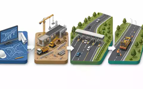 Isometrische 3D-Grafik der Wertschöpfungskette veranschaulicht Geschäftsmodell von Sacyr S.A. (ISIN ES0182870214) von Planung bis Betrieb - Foto: THN