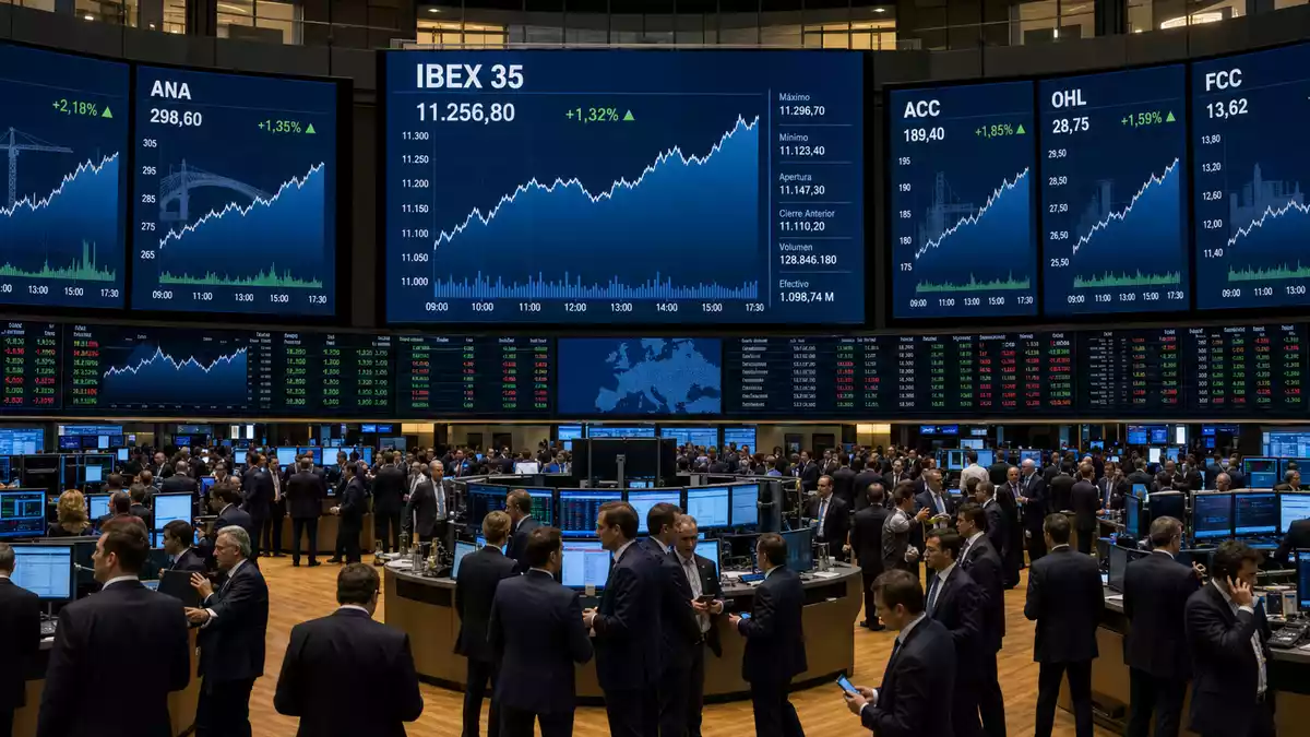 Trading-Floor mit Bildschirmen zu IBEX 35 und Bauwerte-Charts, Händler im Gespräch