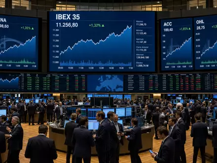 Börsen-Editorial vom Trading-Floor mit IBEX-35-Charts stellt Börsennotierung von Sacyr S.A. (ISIN ES0182870214) in Madrid dar - Foto: THN