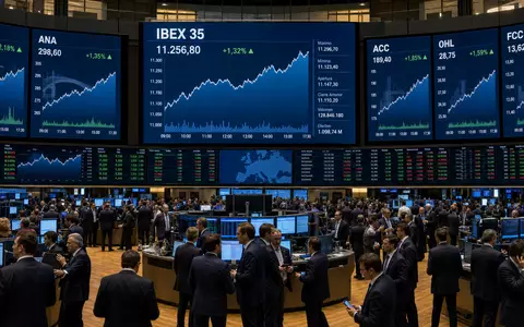 Börsen-Editorial vom Trading-Floor mit IBEX-35-Charts stellt Börsennotierung von Sacyr S.A. (ISIN ES0182870214) in Madrid dar - Foto: THN