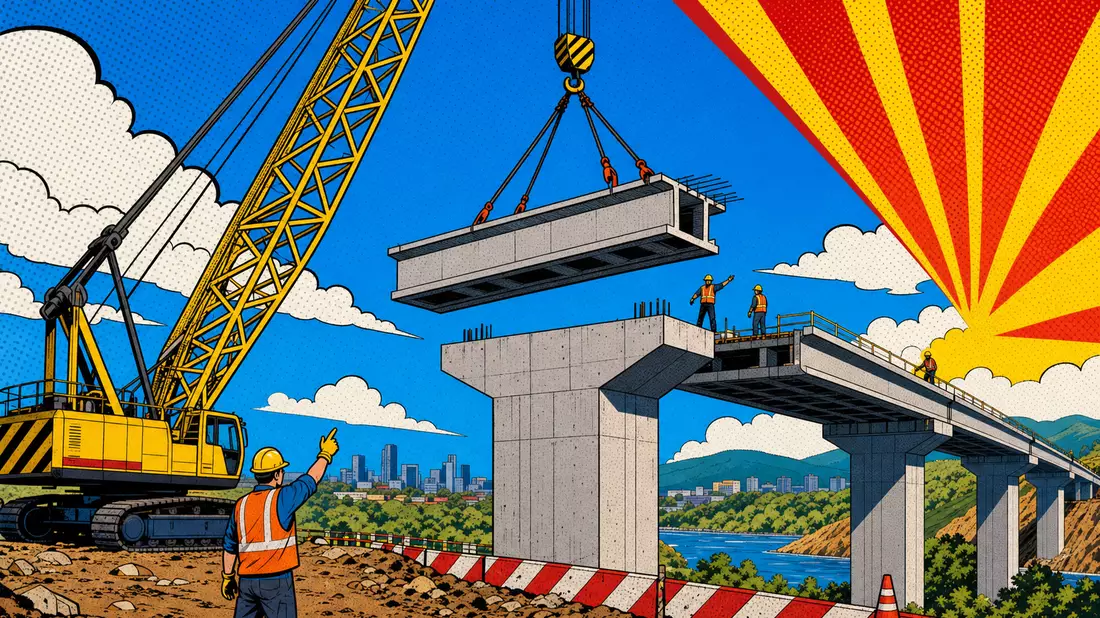 Bunte Pop-Art-Comic-Szene mit Baukran, der ein Brückenteil über einen Fluss hebt