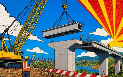 Pop-Art-Comic mit Baukran und Brückenbau visualisiert dynamisch die Bautätigkeit von Sacyr S.A. (ISIN ES0182870214) farbenfroh - Foto: THN