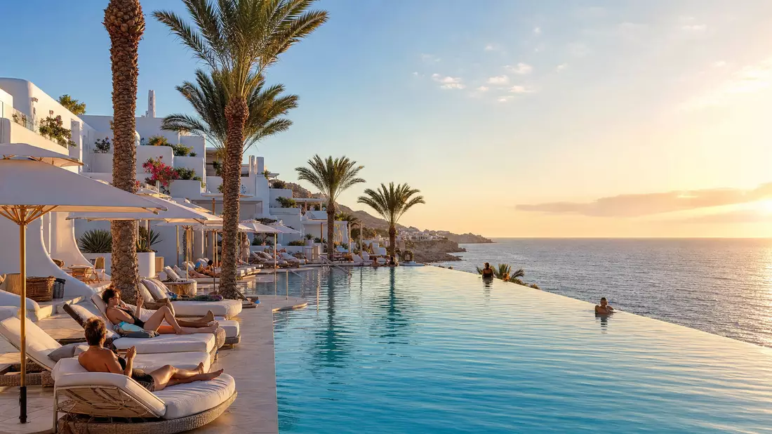 Sonniger Hotelpool mit Liegestühlen, Palmen und Meerblick am Mittelmeer