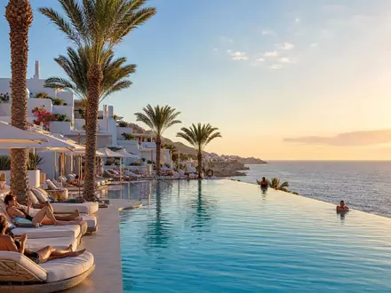 Meliá Hotels International S.A. zeigt sonnigen mediterranen Hotelpool mit Liegestühlen und Palmen, ISIN ES0176252718 - Foto: THN