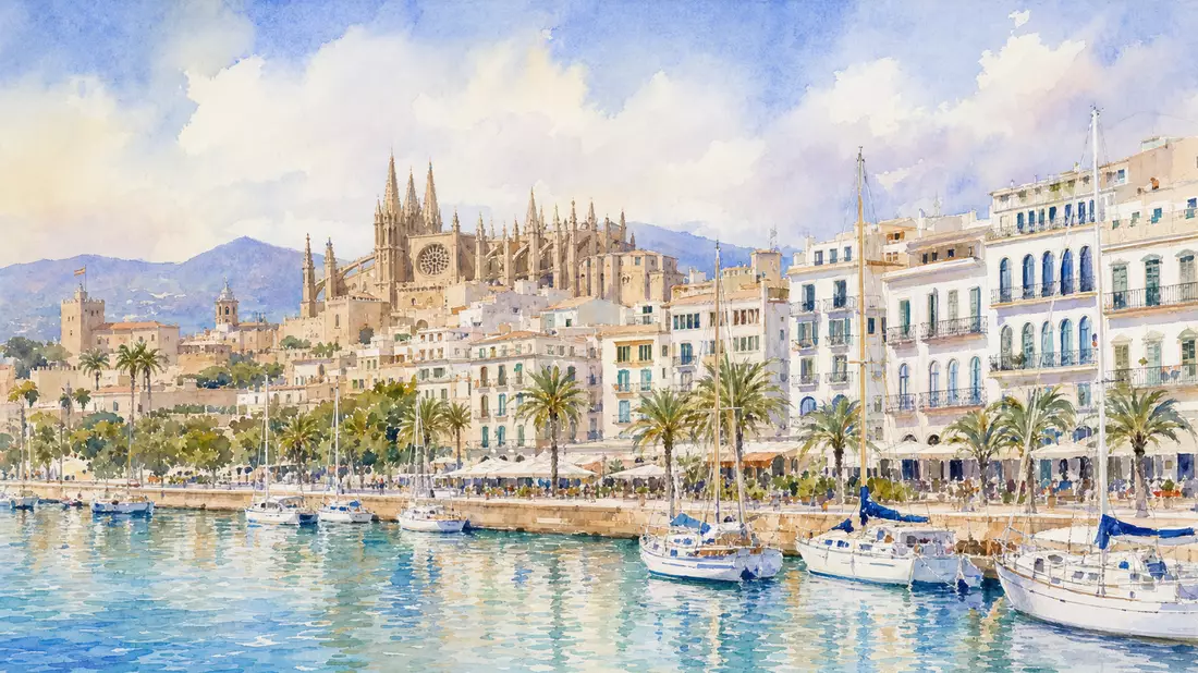 Aquarell-Illustration einer mediterranen Küstenstadt mit Hotels und kleinem Hafen