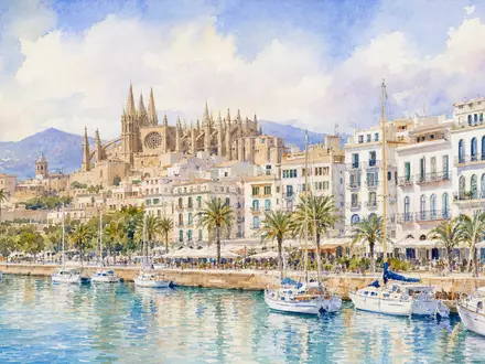 Meliá Hotels International S.A. Standort als Aquarell: mallorquinische Küstenstadt mit Hotels und Hafen, ISIN ES0176252718 - Foto: THN