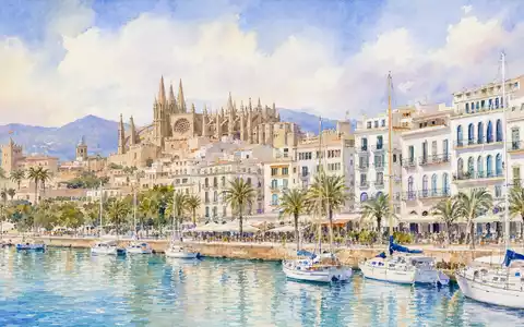 Meliá Hotels International S.A. Standort als Aquarell: mallorquinische Küstenstadt mit Hotels und Hafen, ISIN ES0176252718 - Foto: THN