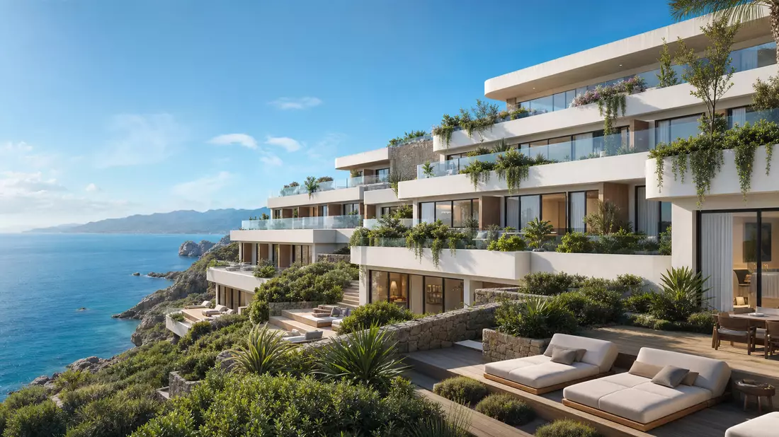Architektur-3D-Render eines modernen Resorthotels mit gestaffelten Terrassen