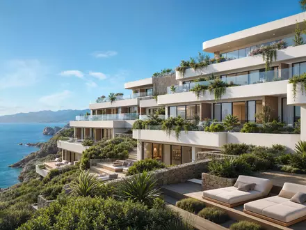 Meliá Hotels International S.A. Architektur-Render: modernes mediterranes Resortgebäude mit Terrassen und Meerblick, ISIN ES0176252718 - Foto: THN