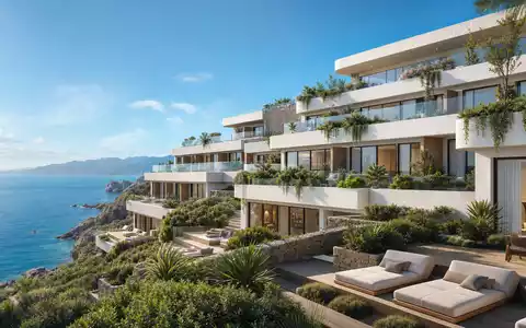 Meliá Hotels International S.A. Architektur-Render: modernes mediterranes Resortgebäude mit Terrassen und Meerblick, ISIN ES0176252718 - Foto: THN