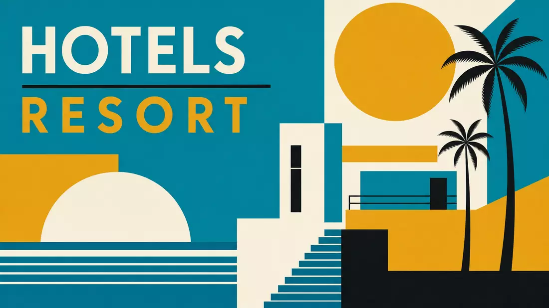 Bauhaus-Poster mit geometrischen Formen und Text HOTELS in Primärfarben