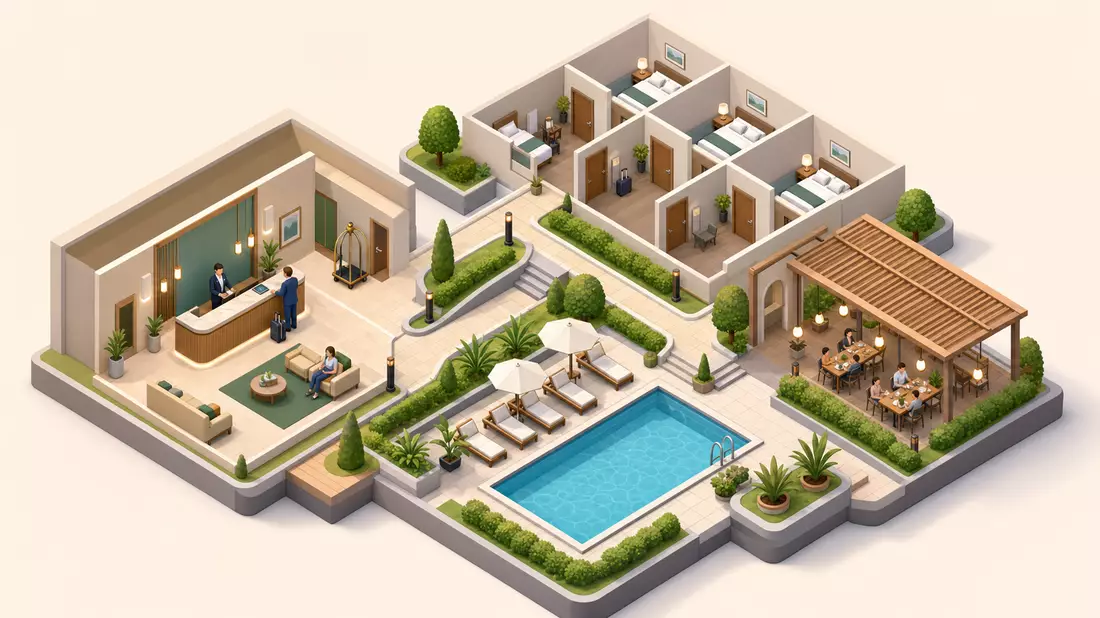 Isometrisches 3D-Diagramm eines Hotelbetriebs mit Lobby, Zimmern und Pool