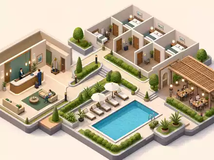 Meliá Hotels International S.A. isometrisches 3D-Diagramm: kompletter Hotelbetrieb von Empfang bis Zimmerservice, ISIN ES0176252718 - Foto: THN