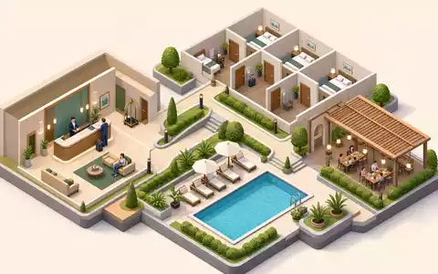 Meliá Hotels International S.A. isometrisches 3D-Diagramm: kompletter Hotelbetrieb von Empfang bis Zimmerservice, ISIN ES0176252718 - Foto: THN