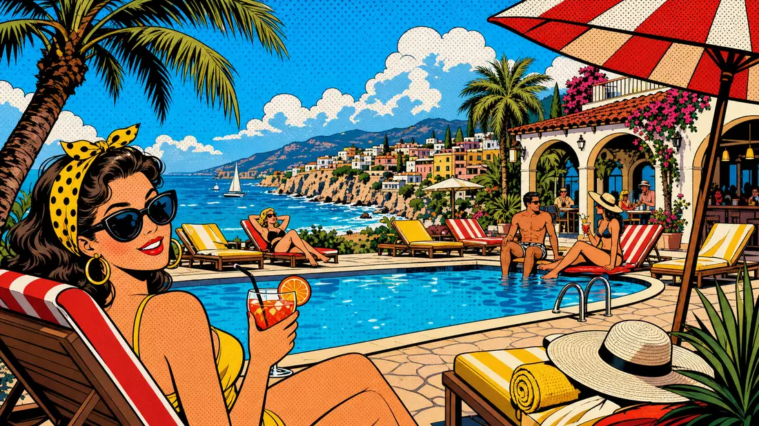 Pop-Art-Comic-Illustration eines bunten Strandresorts mit Palmen und Pool