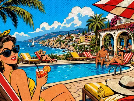 Meliá Hotels International S.A. Pop-Art-Comic: bunte stilisierte Szene eines Strandresorts mit Palmen, ISIN ES0176252718 - Foto: THN