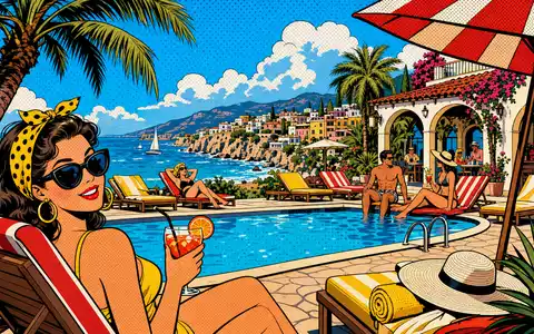 Meliá Hotels International S.A. Pop-Art-Comic: bunte stilisierte Szene eines Strandresorts mit Palmen, ISIN ES0176252718 - Foto: THN