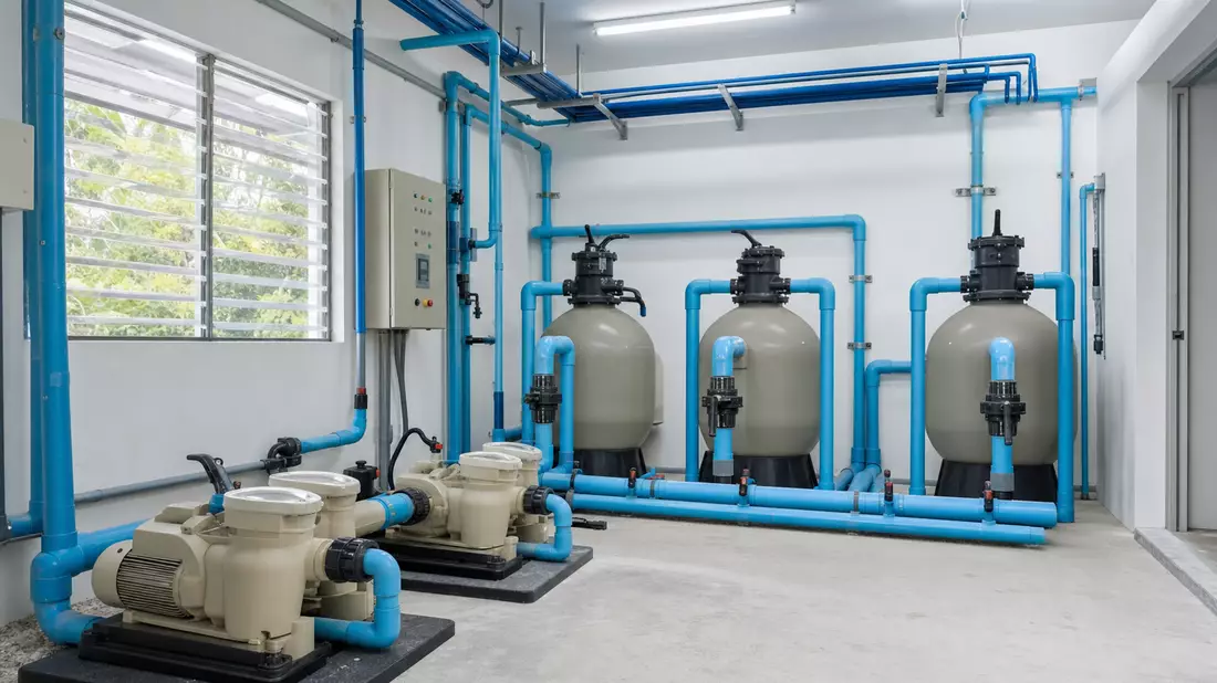 Technikraum mit Poolpumpen und Sandfiltern in einer Anlage
