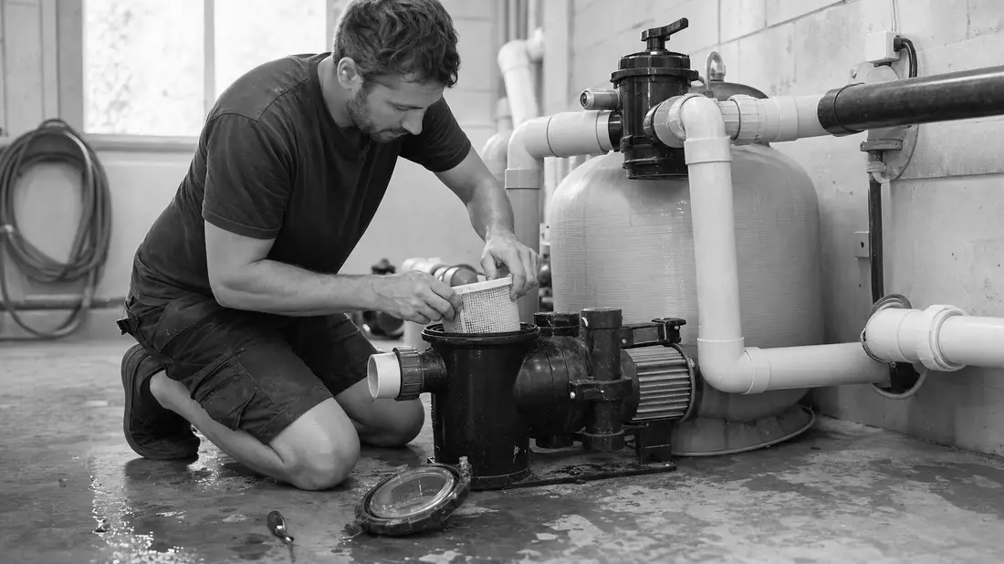 Techniker wartet schwarzweiß eine Poolpumpe im Technikraum