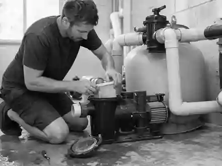 Schwarzweiß-Reportagefoto eines Technikers bei der Pumpenwartung veranschaulicht das Kerngeschäft von Fluidra S.A., ISIN ES0137650018, weltweit - Foto: THN