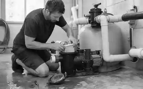Schwarzweiß-Reportagefoto eines Technikers bei der Pumpenwartung veranschaulicht das Kerngeschäft von Fluidra S.A., ISIN ES0137650018, weltweit - Foto: THN