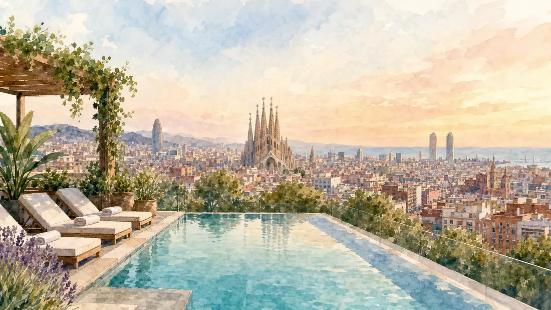 Aquarellmalerei von Barcelona mit einem Pool auf dem Dach
