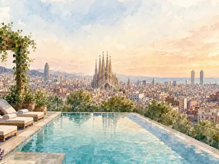 Aquarellansicht von Barcelona mit Dachpool zeigt den Heimatstandort von Fluidra S.A., ISIN ES0137650018 - Foto: THN