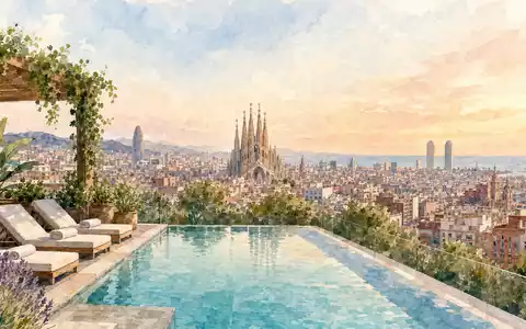 Aquarellansicht von Barcelona mit Dachpool zeigt den Heimatstandort von Fluidra S.A., ISIN ES0137650018 - Foto: THN