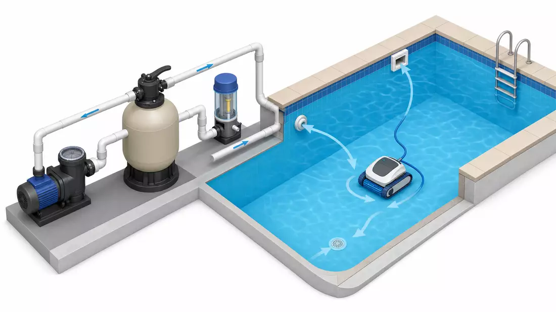 Isometrische Grafik von Pumpe, Filter und Poolroboter im System