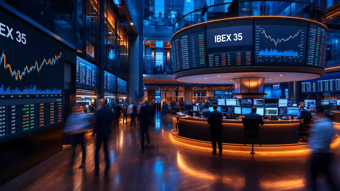Trading-Floor mit Bildschirmen und IBEX-35-Kurscharts bei Nacht